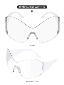 Transparent Y2K wraparound oversized rimless sunglasses shown from front and side view
