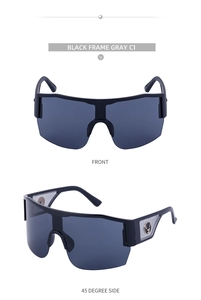 Front and side view of Y2K cycling sunglasses with golden deer emblem on black frame