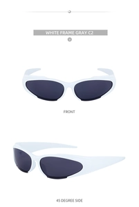 Detaillierte Vorder- und Seitenansicht der weißen Y2K-Sportsonnenbrille mit grauen Gläsern