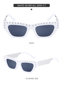 Detailed front and 45-degree side views of white cat-eye sunglasses with rhinestone edges