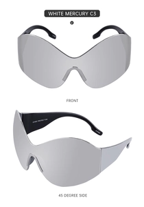Front and side view of silver mirror Y2K wraparound sunglasses with UV400 protection