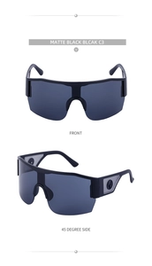 Front and side macro views of matte black Y2K wraparound sports sunglasses with gray lens