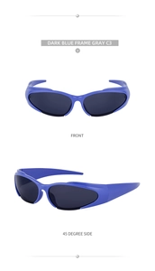 Vorder- und Seitenansicht der Y2K Sportsonnenbrille mit dunkelblauem Rahmen und grauen Gläsern