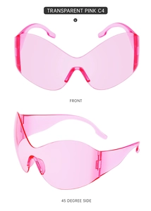 Front and side view of Y2K rimless wrap sunglasses in transparent pink finish