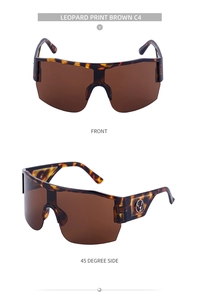 Front and side view of Y2K leopard print sports sunglasses with metallic deer logo