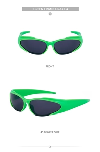 Vorder- und 45-Grad-Seitenansicht der hellgrünen, futuristischen Sport-Sonnenbrille