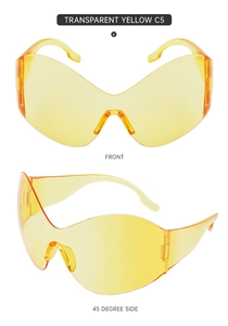 Detailed views of transparent yellow wrap-around sports sunglasses with butterfly frame