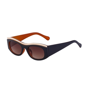 Cat eye sunglasses with thick frames, gold eyebrow trim, and orange inner temples