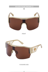 Detail of Y2K shield sunglasses with golden deer emblem and brown oversized lenses