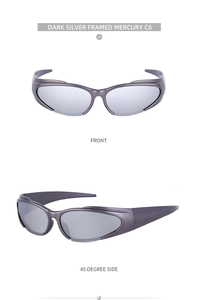Front- und 45-Grad-Seitenansicht der silbernen Y2K Sport-Sonnenbrille mit Gläsern