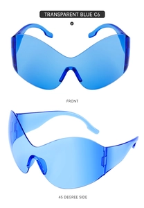 Close-up of Y2K wraparound blue sunglasses showing front and 45-degree side views
