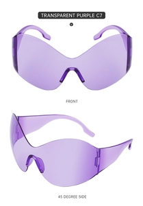 Front and side macro views of transparent purple Y2K frameless oversized shield sunglasses