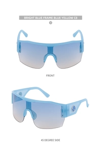 Macro shot of Y2K bright blue frame sports sunglasses with blue-yellow gradient lenses