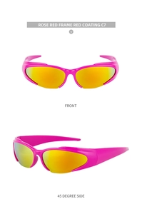Vorder- und Seitenansicht der rosaroten Sportsonnenbrille mit roten Reflexgläsern