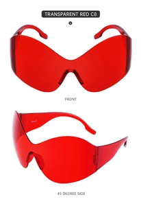 Macro detail of transparent red Y2K cat eye sunglasses showing front and side view angles