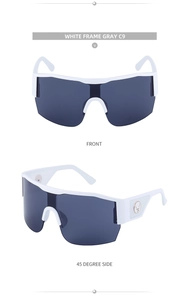 Front and 45-degree side view of white wrap-around sports sunglasses with metal deer icon