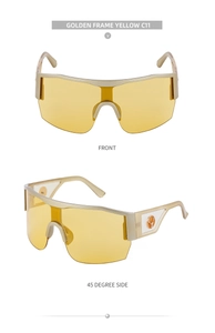 Detailed front and side view of gold Y2K cycling sunglasses with yellow lenses