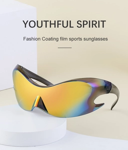 Detail shot of futuristic Y2K sports sunglasses with colorful gradient coating lenses