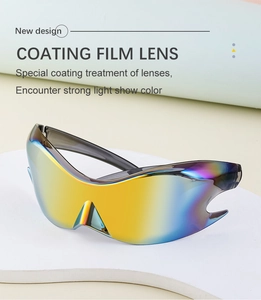 Detail of Y2K sports sunglasses featuring colorful iridescent coating film lens
