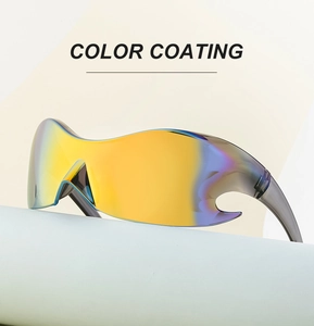 Close-up of Y2K sports sunglasses featuring colorful gradient lenses and flame hollow frame
