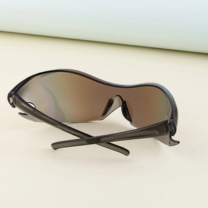 Macro view of Y2K sports sunglasses featuring grey transparent frame and rainbow lenses