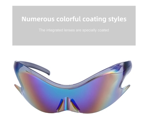 Detail of futuristic Y2K wrap-around sunglasses with colorful iridescent mirror lenses