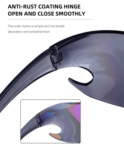 Detailed macro view of the rust-resistant coated hinge on colorful wrap-around sunglasses