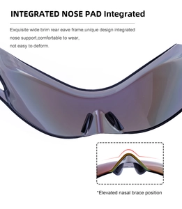 Detail of integrated nose support on Y2K futuristic wrap sunglasses for sports