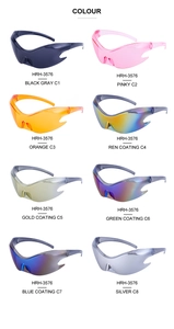 Multiple color options of Y2K futuristic wrap around sports sunglasses in a grid view