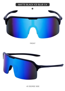 Vue avant et latérale de lunettes de soleil de sport noir mat avec verres miroirs bleu glacé