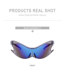 Front view of Y2K sporty wraparound sunglasses with blue coating lens and C7 model label