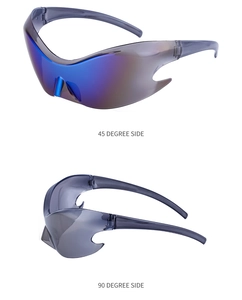 Detailed 45 and 90 degree side views of Y2K sporty wraparound mirrored sunglasses