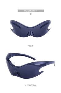Detail view of Y2K futuristic wrap sunglasses with wing-cut edges and wide temple