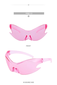 Front and 45-degree side views of pink Y2K futuristic wrap-around butterfly sunglasses