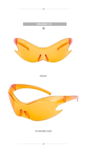 Detailed views of bright orange futuristic Y2K shield sports sunglasses in model C3