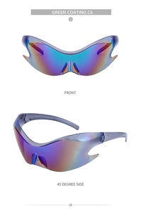 Front and 45-degree side views of Y2K futuristic wrap-around sunglasses with green lenses