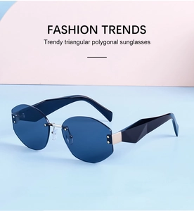 Detail of rimless blue polygon sunglasses with thick geometric black temples