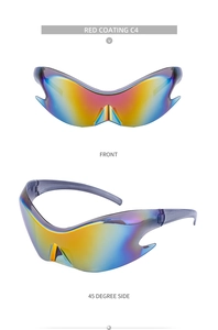Front and side view of Y2K futuristic sports sunglasses with iridescent red mirror coating