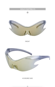 Front and 45-degree side view of Y2K futuristic sport sunglasses with gold coating lenses