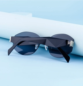 Close-up of geometric 3D temple design and silver hinges on rimless sunglasses