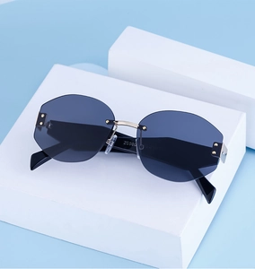 Detailed close-up of rimless polygon sunglasses with gray lenses and gold metal hinges