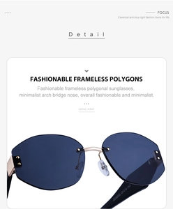 Close-up of rimless polygon sunglasses featuring metal hinges and nose bridge detail
