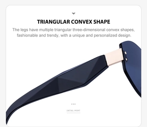 Detail of rimless sunglasses featuring a 3D triangular convex temple design and gold metal joints