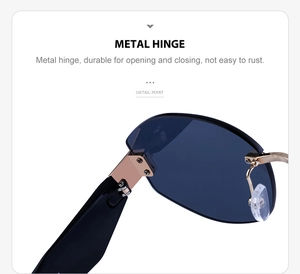 Detail of durable gold metal hinges and silicone nose pads on rimless sunglasses