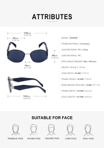 Detailed dimension chart for rimless polygon sunglasses with PC and alloy frame