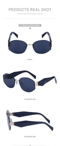 Detailed views of rimless polygon sunglasses with gold bridge and black angular temples
