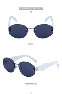 Front and 45-degree side views of rimless polygon sunglasses in white silver gray