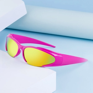 Neonpinke Y2K-Sport-Radsonnenbrille mit goldverspiegelten Gläsern für Damen und Herren