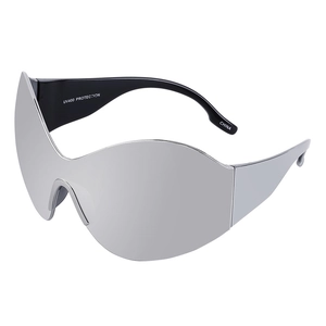 Futuristic Y2K silver mirrored sports sunglasses with oversized wrap-around shield lenses