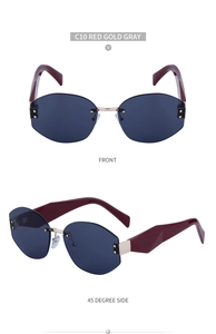 Detailed front and side views of rimless geometric sunglasses with red temples and gold metal